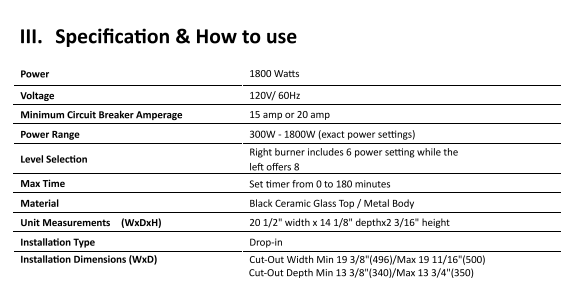 Induction Cooker (Dual Burner) 410-2021 Specifications